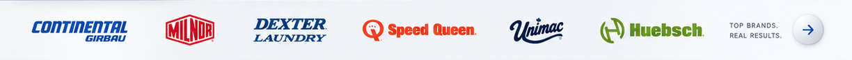 Continental Girbau, Milnor, Dexter Laundry, Speed Queen, UniMac, and Huebsch