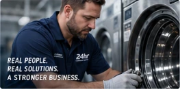 24hr commercial laundry technician servicing a washer